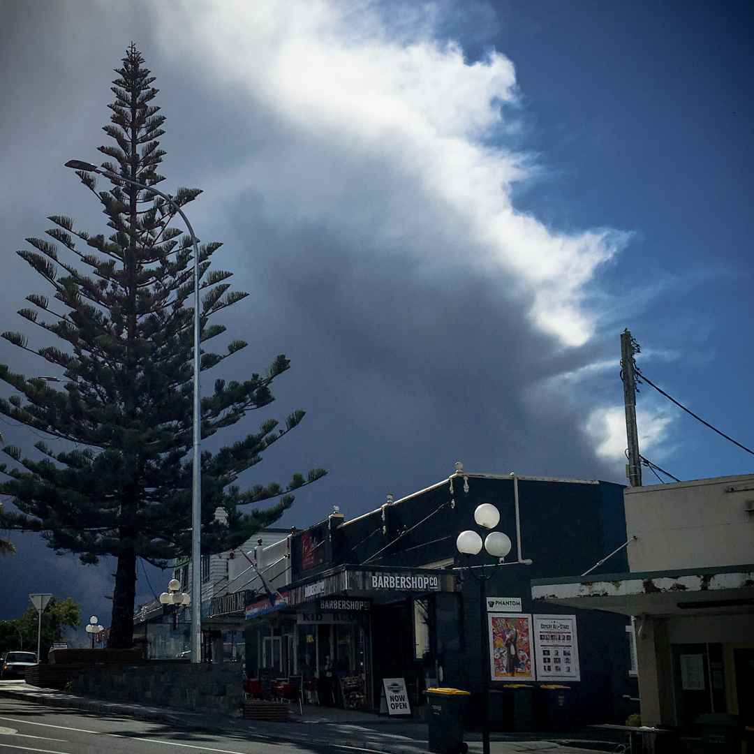 Turbulent skies over Birkenhead shops.